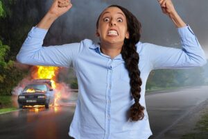angry woman after car crash